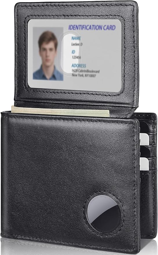 Mens Wallet with AirTag Holder, Genuine Leather Bifold RFID Blocking Wallet for Men - 2 ID Window 13 Cards Holders 1 Gift Box, AirTag Not Included