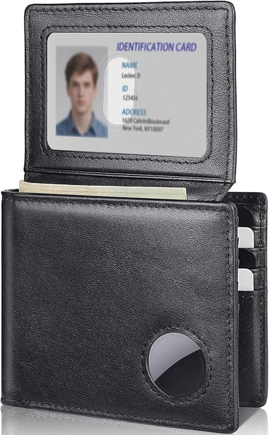 Mens Wallet with AirTag Holder, Genuine Leather Bifold RFID Blocking Wallet for Men - 2 ID Window 13 Cards Holders 1 Gift Box, AirTag Not Included