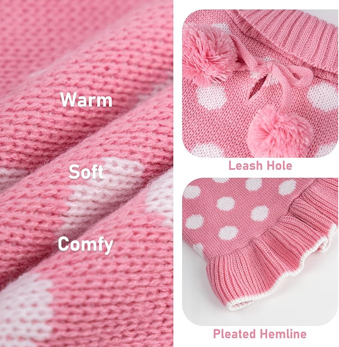 KYEESE Valentines Dog Sweater Dress, Warm Dog Sweaters for Small Medium Dogs Girl, Cozy Pullover Dog Clothes Pet Apparel with Leash Hole, Pink Dot, XL