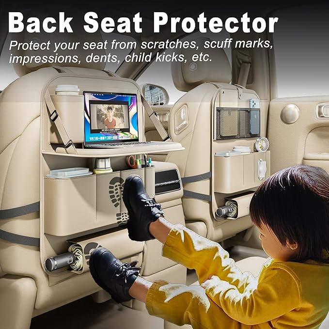 Car Seat Organizers,Multi-functional Back Seat Protectors, Storage Pouches, Child kicking prevention and Tray Holders (for Cars, Kids, Seat Back and Rear Seats) (Beige, 1 Pcs)