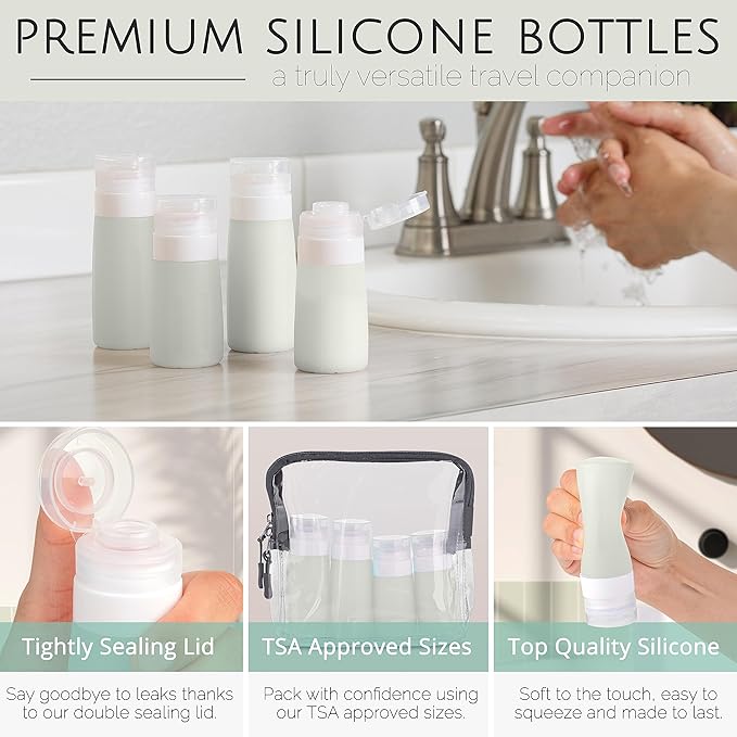 Travel Size Toiletry Bottles, Kit of 16 - TSA Approved Toiletries Essentials for Flying - Silicone Containers, Squeeze Bottles and Accessories for Shampoo, Conditioner, Liquids, Perfume, White