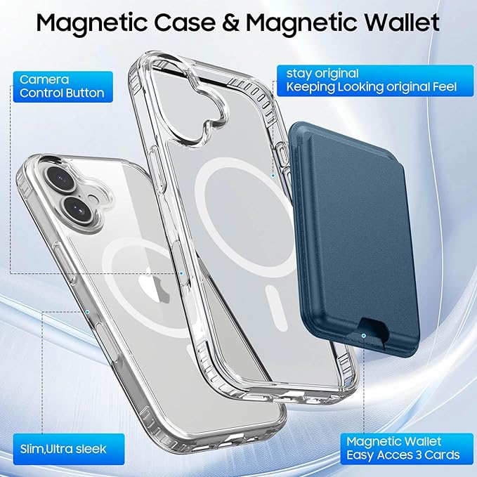 Ntwinro Magnetic for iPhone 16 Clear Case (Compatible with MagSafe) with Blue Detachable Wallet & Card Holder for 3 Cards [RFID Blocking] Military Grade Protective Slim Phone Cover