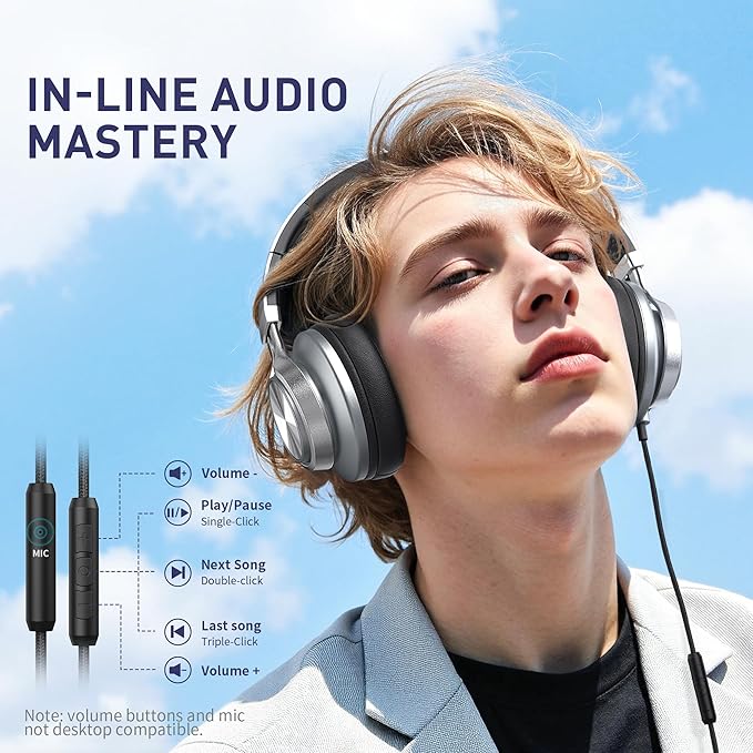 AILIHEN C90 Wired Headphones with Microphone Volume Control, Noise Reduction Foldable Comfortable Over Ear Headphones Wired Durable Nylon 3.5mm Jacket for Tablet/Chromebook/Computer/Adult/Teens(Grey)