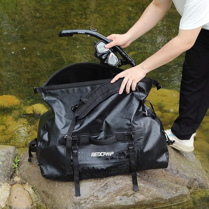 REDCAMP 80L Large Waterproof Duffel Bag, Rolltop Dry Backpack Duffle Bags with Quick-fixed Straps for Camping Motorcycle Boating Rafting Kayaking Paddle boarding, Black