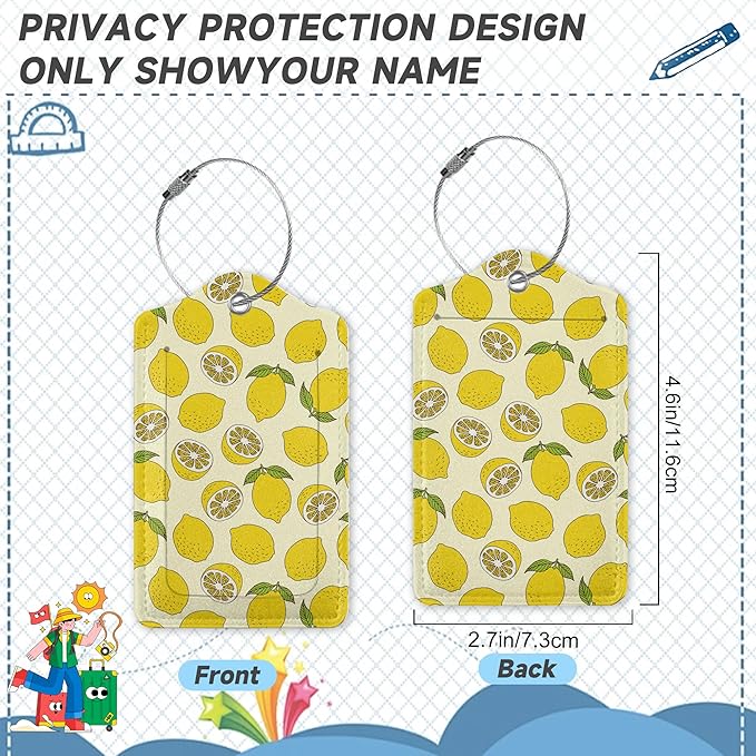 2 Pack Luggage Tag for Suitcase,Yellow Lemon Leather Bag Tags Identifiers Privacy Cover ID Label with Durable Steel Loop for Women Men Kids Girls Travel