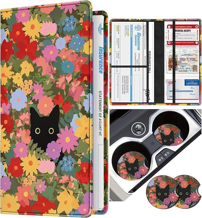 Slohif Car Registration and Insurance Card Holder - Flower Vehicle Glove Box Organizer Women with Magnetic Shut Leather Automobile License Holders Coasters Auto Accessories Case for Document