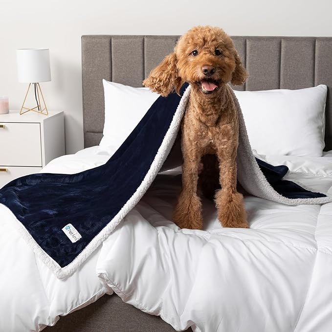 PetAmi Waterproof Dog Blanket for Medium Large Dog Puppy Cat Throw for Couch Cover Leakproof Protection, Sherpa Fleece, Reversible Soft Washable 60x40 Navy Blue