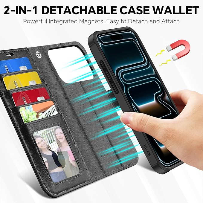 TUCCH Detachable Case Wallet for iPhone 17 Pro (6.3") 2025, Removable Wrist Strap, Wireless Charging, Stand, 4 Card Slots RFID Blocking, 2-in-1 Magnetic, PU Leather, Shockproof Cover, Textured Black