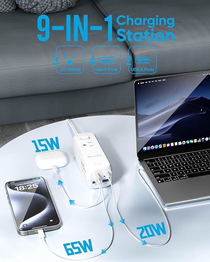 145W USB Power Strip, 5FT Flat Plug Extension Cord with 3 AC Outlets 6 USB Ports(4 USB C&2 USB A), 2000 Joules Surge Protector, Multiple USB Outlet Strip for Home Dorm Travel Essentials