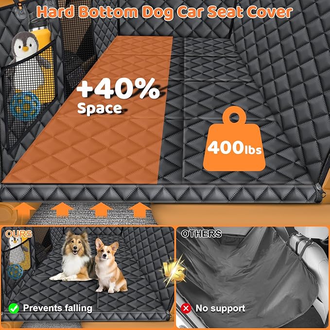 URPOWER Backseat Extender for Dogs - Hard Bottom Dog Car Seat Cover for Back Seat, Foldable Dog Hammock for Car, SUV, and Truck, Pet Rear Seat Protector Dogs Travel Bed with Mesh Window & Side Flaps