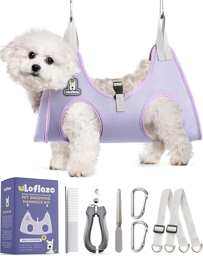 Loflaze Dog Grooming Hammock Harness for Dogs & Cats with Pet Nail Clipper Trimmer - Cat Hanger Sling for Trimming Clipping Nails- Dog Hammock Restraint Bag for Small Medium Large pet （ Purple S）