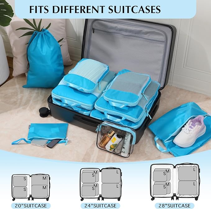Lightweight Compression Packing Cubes for Suitcases, Compressible Expandable Travel Packing Organizer with Clear Toiletries and Backpack Bag, Travel Essentials for Carry on Luggage 7 Set
