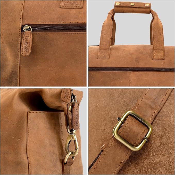 Leabags Leather Weekender | Genuine Leather Premium Travel Bag | 41L Sports Duffle Gym Training Airplane Bag | Large | Natural Light Brown | for Women & Men