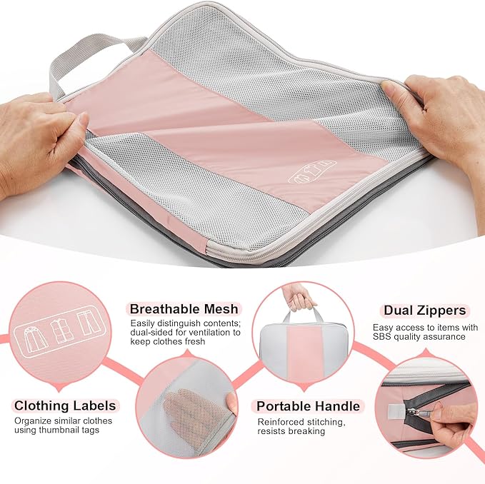10 Set Compression Packing Cubes for Travel Essentials Women Mom,Compressible Expandable Packing Cubes for Suitcase,OlarHike Luggage Organizer Bags for Travel,Handy Helper for Organizing Clothes(Pink)