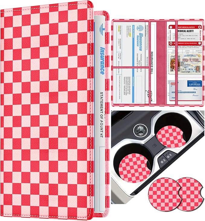 Slohif Car Registration and Insurance Card Holder with Magnetic Shut - Vehicle Glove Box Organizer Women Leather Automobile License Holders Coasters Auto Accessories Case for Document,grid
