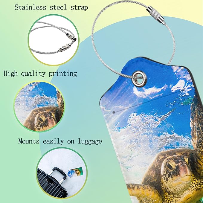 SeTurtle Luggage Tags Set of 2 Green Hawaiian Leather Suitcase Tags with Stainless Steel Loop and Privacy Cover for Women Men Travel Luggage Accessories