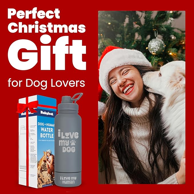 Dog Water Bottle for Dog Lovers - 32 oz Stainless Steel Double Wall Insulated Water Bottle with 8 oz Detachable Bowl on Bottom- Ideal Gift for Doggy Lovers for Christmas - “Love Smoky Grey