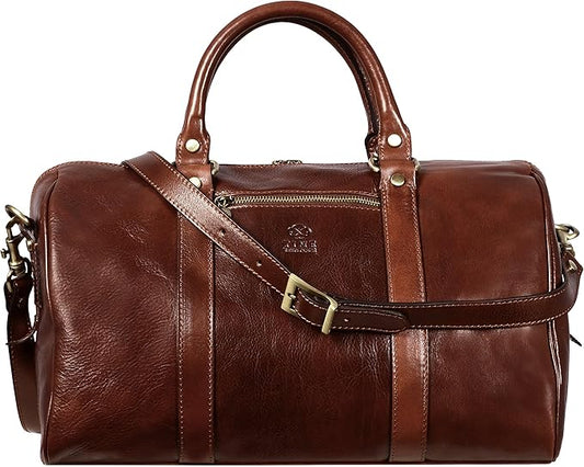 Full Grain Leather Small Duffel Bag Gym Bag Weekender Overnight Unisex Brown - Time Resistance