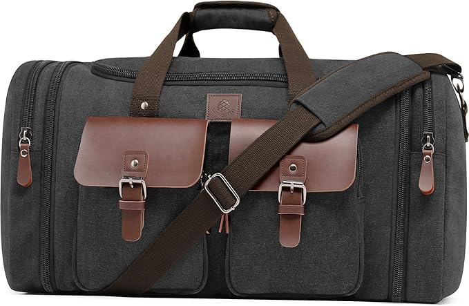 Canvas Duffle Bag for Men 60L Travel Duffel Bags Expandable Genuine Leather Duffel Overnight Weekender Carry On Bag Two Zipper Pockets Travel Bag (Black, X Large-60L)