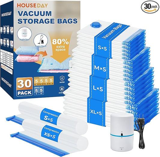 HOUSE DAY 30 Pack Vacuum Storage Bags with Electric Pump, 4 Sizes + 2 Roll-Up (5 Each), Space Saver Vacuum Seal Bags for Clothing, Bedding, Pillows, Travel – Airtight Seal, Reusable & Durable