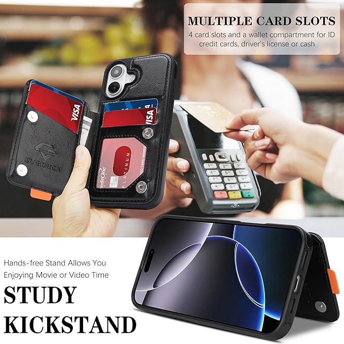 GUERNICA for iPhone 17 (6.1") Case Wallet with Card Holder, RFID Blocking Leather Protection, Shockproof Women Men Phone Case for Apple 17, A - Black