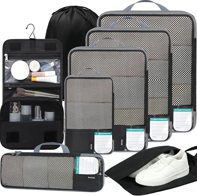 BAGAIL 4 Set/6 Set/8 Set Compression Packing Cubes Travel Accessories Expandable Packing Organizers (Half Mesh, 8-Jet Black)