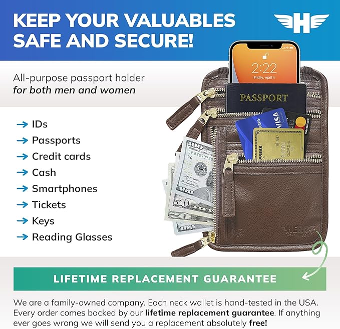 HERO Neck Wallet, RFID Blocking Passport Holder, Vegan Leather Travel Pouch (Brown)