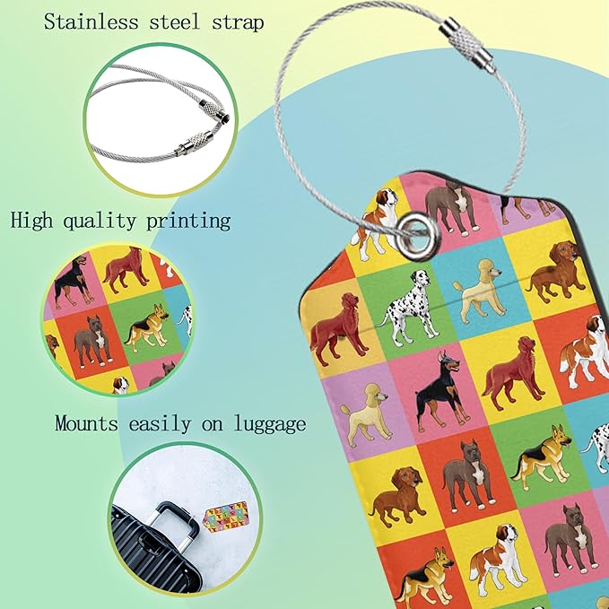 Luggage Tags for Suitcase,2 Pack Cute Dogs Luggage Tag Colorful Cartoon Leather Privacy Cover ID Label with Stainless Steel Loop for Women Men Kids Girls Travel