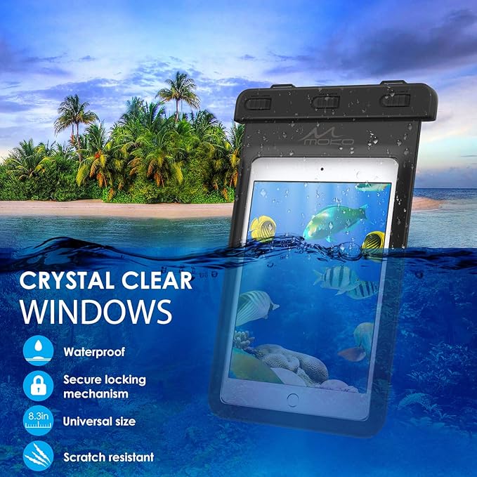 MoKo Universal Waterproof Case, Dry Bag Pouch for iPad mini 6/5/4/3/2, Samsung Tab 5/4/3, Galaxy Note 8, Tab S2/Tab E/Tab A 8.0, LG G Pad III 8.0, Google Nexus 7(FHD) & More Up to 8.3" - Black