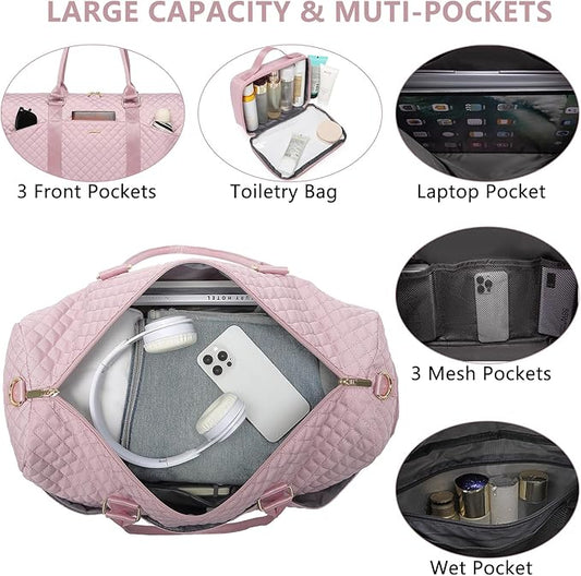 Women Weekender Travel Duffle Bag: Travel Duffel Overnight Bags with Shoe Compartment Large Carry on Tote with Toiletry Bag Weekend Traveling Yoga Gym Hospital Bag for Women with Wet Pocket 3 PCS Set