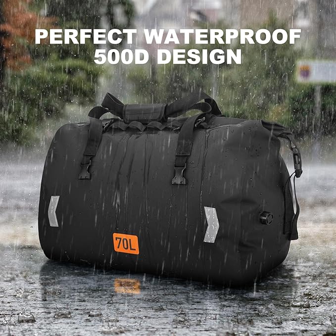 Waterproof Duffel Bag, 70L Roll-top Motorcycle Dry Bag with Air Valve & Quick-fixed Straps, Travel Duffle Bags for Kayaking Paddle Boarding Rafting Boating Camping Riding Fishing - Black