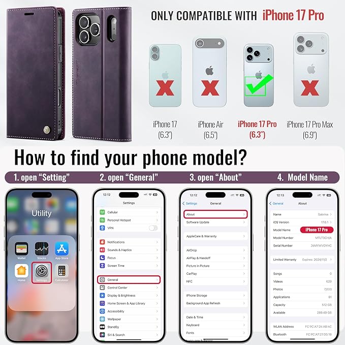 PlusnapX Wallet Case for iPhone 17 Pro Compatible with Magsafe, 2-in-1 PU Leather Flip RFID Blocking Card Holder Stand Shockproof Magnetic Detachable Cover for iPhone 17 Pro Case 6.3", Retro Purple