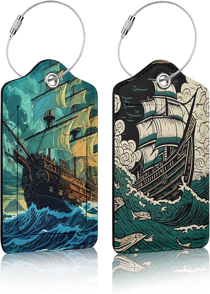 2 Pack Luggage Tag for Suitcase,Pirate Ship Luggage Tag with PU Leather Privacy Cover ID Label & Stainless Steel Loop for Women Men Travel Bag Suitcase