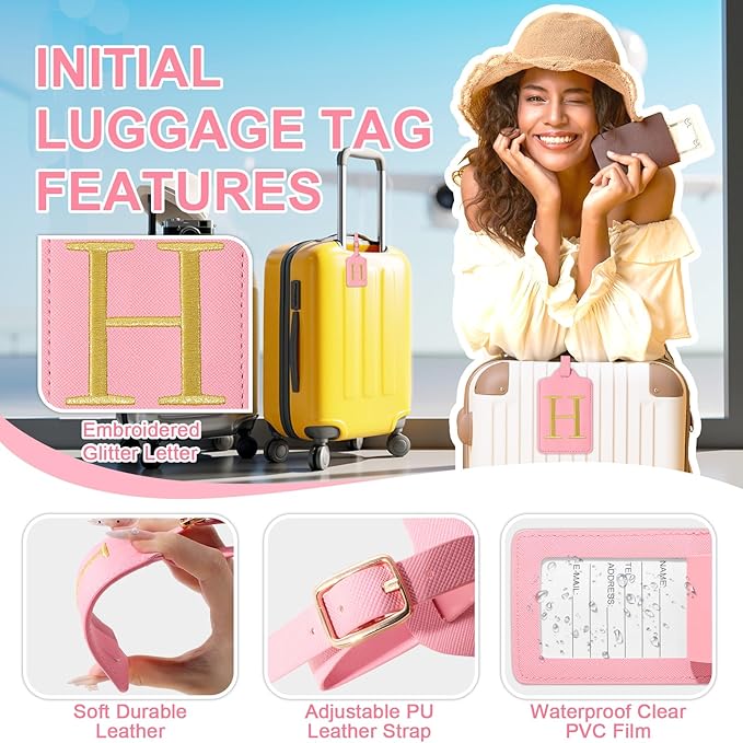 Personalized Initial Luggage Tags for Suitcase, Pink Leather Cute Luggage Tags with Privacy Cover Name Card, Embroidered Custom Monogrammed Luggage Tag Travel Bag Baggage Tags Gifts for Women Kids(H)