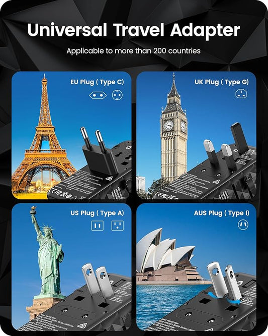 LENCENT 100W International Travel Adapter, GaN Universal Travel Adapter with 2 USB-A & 2 Type C Power Adapter, Fast Charger for Phone,Laptops, Worldwide Plug Adapter for USA/UK/EU/AUS, Black