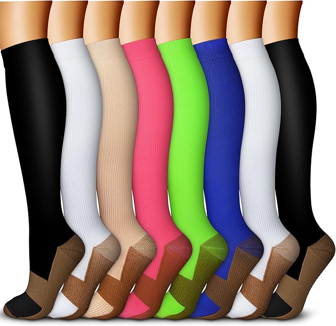 QUXIANG Copper Compression Socks for Women & Men Circulation (8 Pairs) - Best for Running Athletic Cycling - 15-20 mmHg