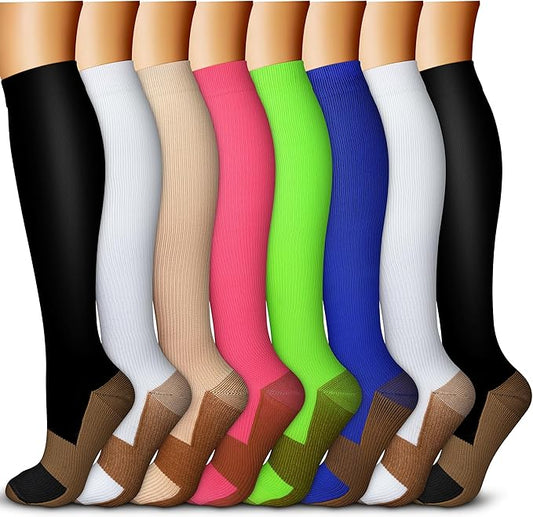 QUXIANG Copper Compression Socks for Women & Men Circulation (8 Pairs) - Best for Running Athletic Cycling - 15-20 mmHg