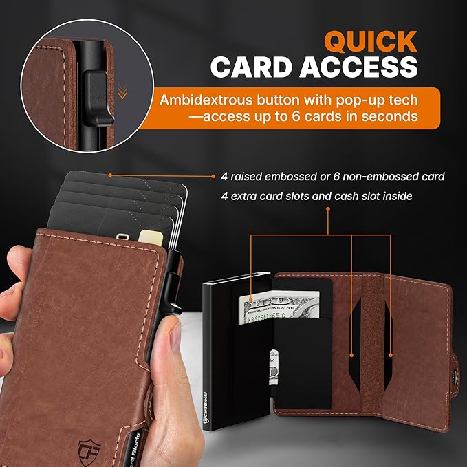 Conceal Plus Wallet for Men, Pop Up Wallet Credit Card Holder - RFID Blocking, Slim Minimalist Credit Card Case (Distressed Brown Genuine Leather)