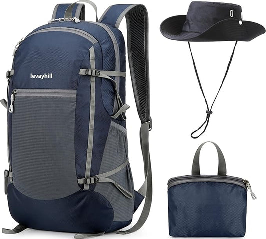 30L Foldable Backpack & Bucket Hat 2 In 1 Combo, Lightweight packable Travel and Fisherman Hat Set, Compact Collapsible Daypack with Sun Hat (Dark Blue)