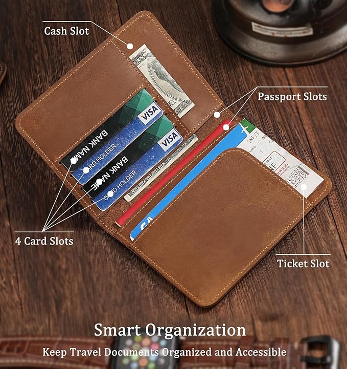 Slim Leather Passport Holder for Men & Women – Vintage Travel Passport Wallet – Lightweight Full-Grain Leather Passport Case with Gift Box, Brown (5.5″ × 4.1″)