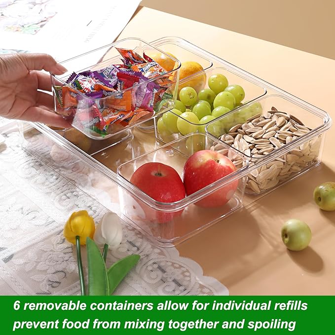 Taiuloo Divided Serving Tray with Airtight Lid and Handle, 6 Compartment Snackle Box Container, Portable Snack Platters, Clear Fridge Organizer & Food Storage for Veggie, Fruit, Charcuterie, Nuts
