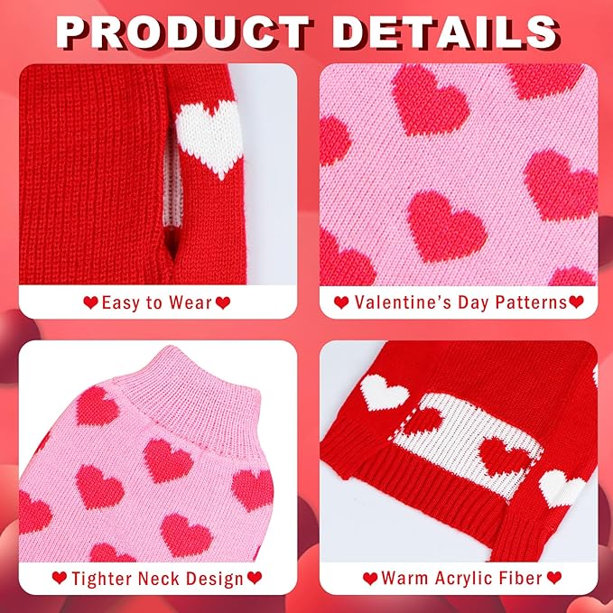 GOYOSWA 2 Pack Valentine Dog Sweater Dog Valentines Clothes Outfit Knitted Heart Sweater for Small Medium Large Dogs Pets (Red & Pink, Medium)