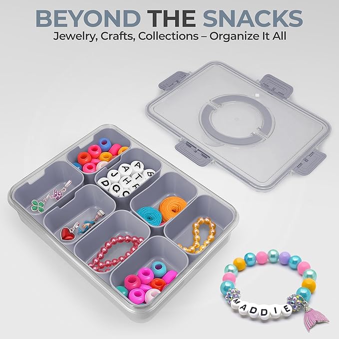 Snackle Box Container with Lid- Travel Charcuterie Box with Handle - Organizer for Candy, Fruit, Nuts, Veggies, Snacks, Beach Essentials, Portable Lunch Box (Grey, Large)