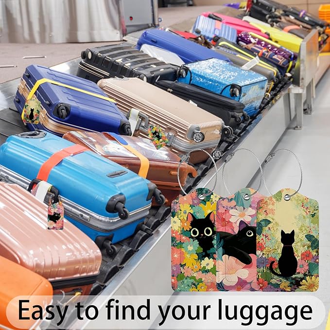 Black Cat and Flower Luggage Tag 3 Pack Travel Cruise Luggage Tags for Suitcases, Identifiers Bag Tags with Privacy Flap, Baggage Name Tag for Women Men Luggage Backpack Handbag School Bag