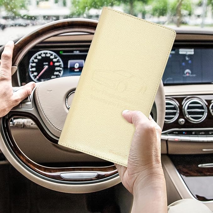 Car Insurance and Registration Holder, 9.5 x 5 Inch PU Leather Vehicle Glove Box Organizer Wallet Case for Insurance Card, Driver License, Paperwork - Champagne