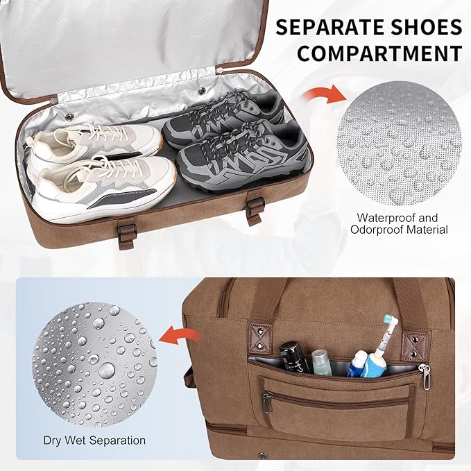 WITZMAN Canvas Weekender Bag Mens Overnight Bag for Traveling Carry on Duffle Bags with Shoes Compartment（A8010 Brown）