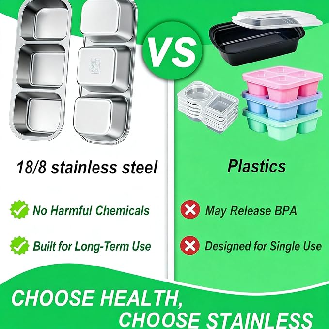 Dobyusf 4 Pack Stainless Steel Snack Containers - 3 Compartment Leak Proof Bento Box with 7oz Capacity, BPA-Free Reusable Food/Sauce Containers Containers for Office, Travel, On-the-Go Meals