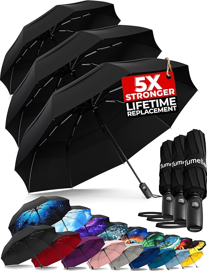 TUMELLA Strongest Windproof Travel Umbrella (Compact, Superior & Beautiful), Small Strong but Light Portable and Automatic Folding Rain Umbrella, Durable Premium Grip, Fits Car & Backpack