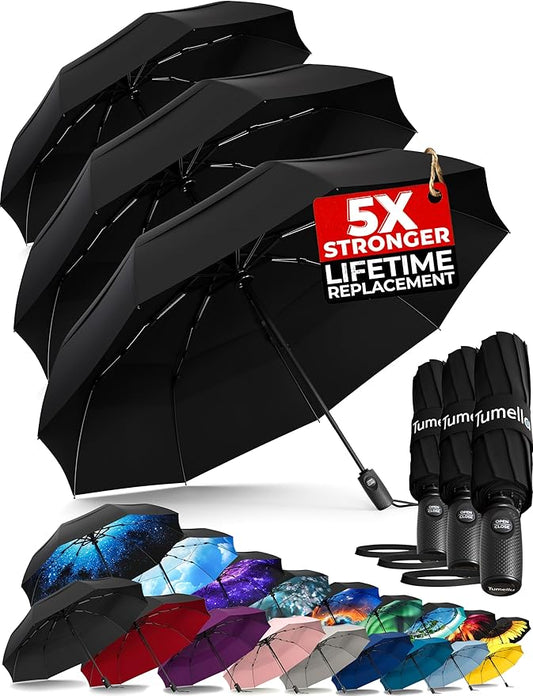 TUMELLA Strongest Windproof Travel Umbrella (Compact, Superior & Beautiful), Small Strong but Light Portable and Automatic Folding Rain Umbrella, Durable Premium Grip, Fits Car & Backpack
