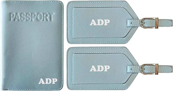 Personalized Monogrammed Chambray Leather RFID Passport Cover Holder and 2 Luggage Tags